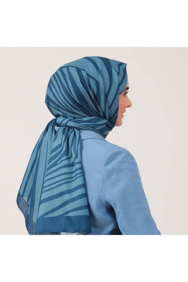 Pamuk İpek Şal - Çizgi Desen - İndigo