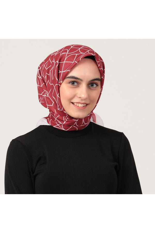 Pamuk İpek Eşarp - Geometrik Desen - Bordo