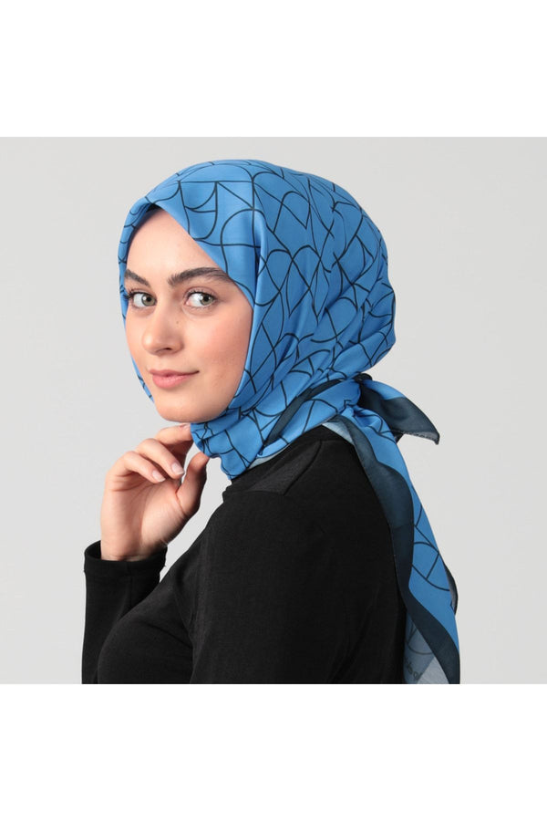 Pamuk İpek Eşarp - Geometrik Desen - İndigo