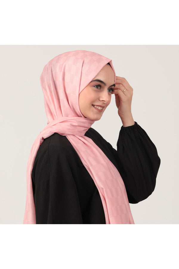 Pamuk İpek Şal - Dama Desen - Pembe