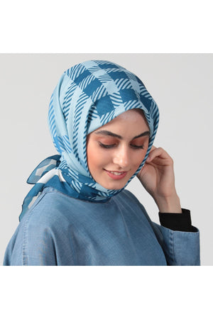 Pamuk İpek Eşarp - Ekose Desen - İndigo