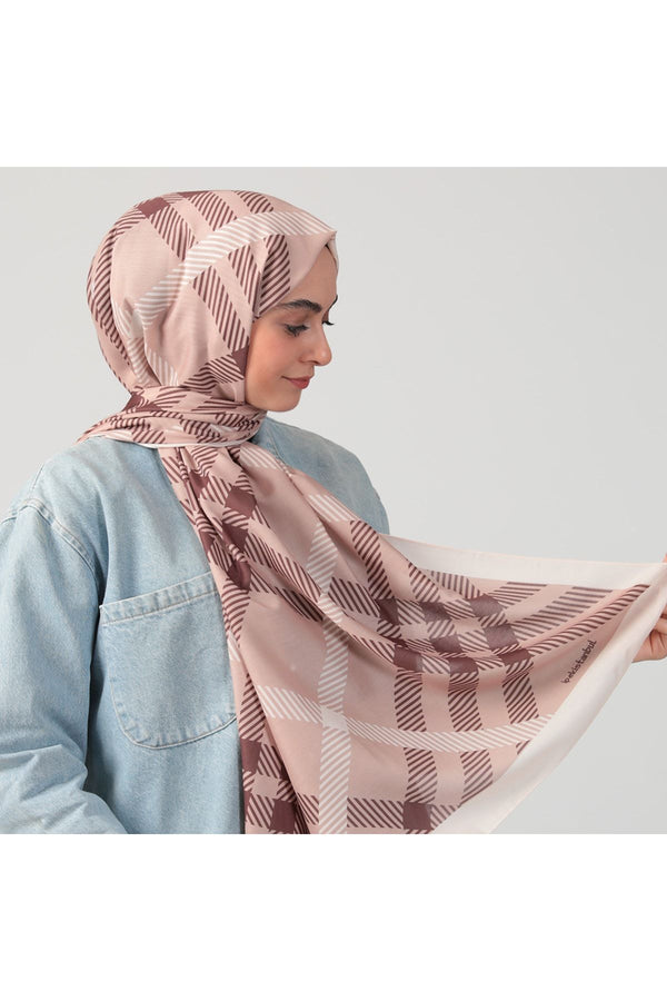 Pamuk Ipek Şal - Ekose Desen - Kahverengi