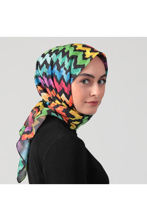 Pamuk İpek Eşarp - Zigzag Desen - Siyah