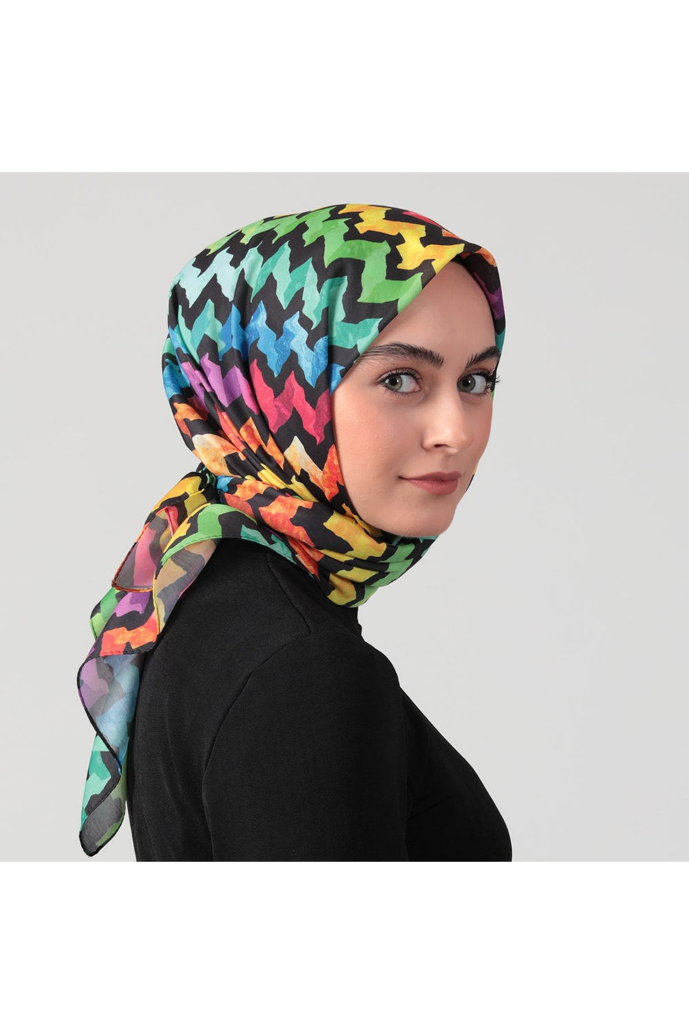 Pamuk İpek Eşarp - Zigzag Desen - Siyah