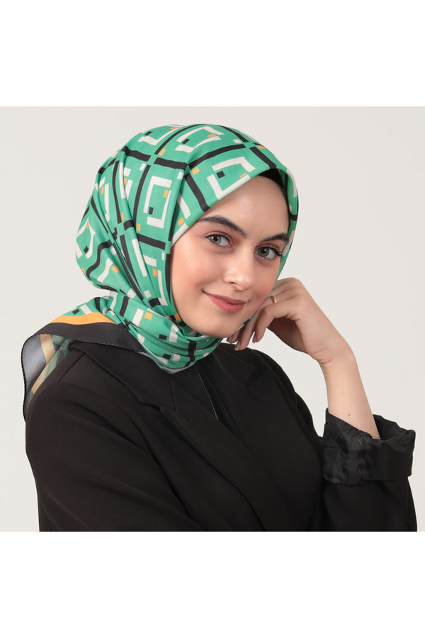 Pamuk İpek Eşarp - Baklava Desen - Benetton Yeşili