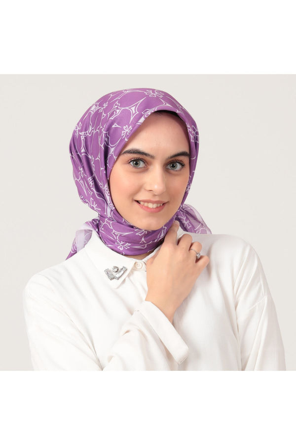 Pamuk İpek Eşarp - Yonca Desen - Lila