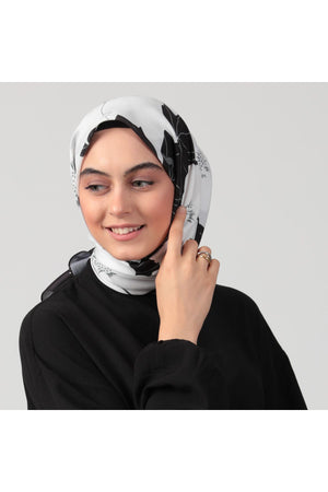 Pamuk İpek Eşarp - Manolya Desen - Beyaz