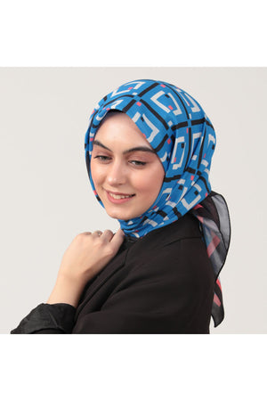 Pamuk İpek Eşarp - Baklava Desen - Saks Mavisi