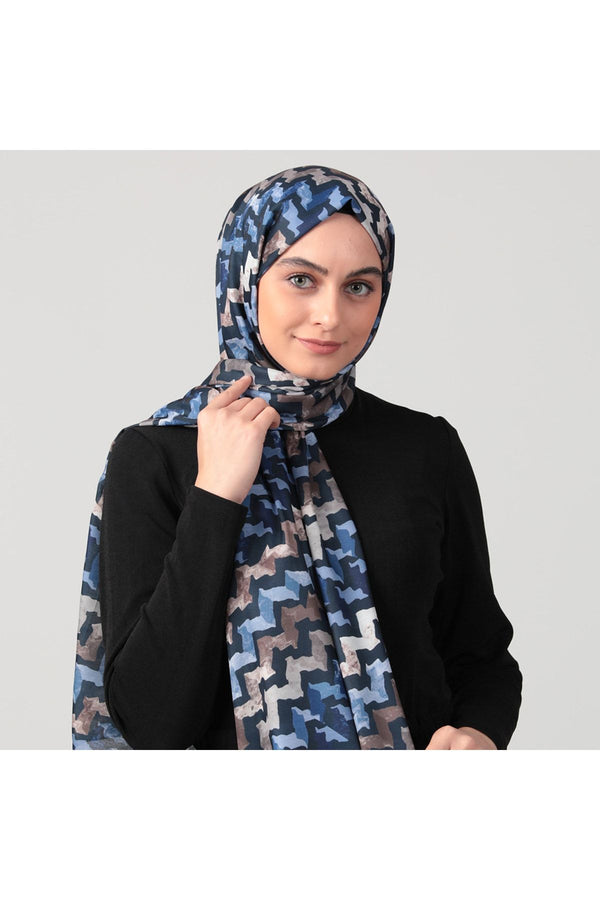 Pamuk İpek Şal - Zigzag Desen - Lacivert