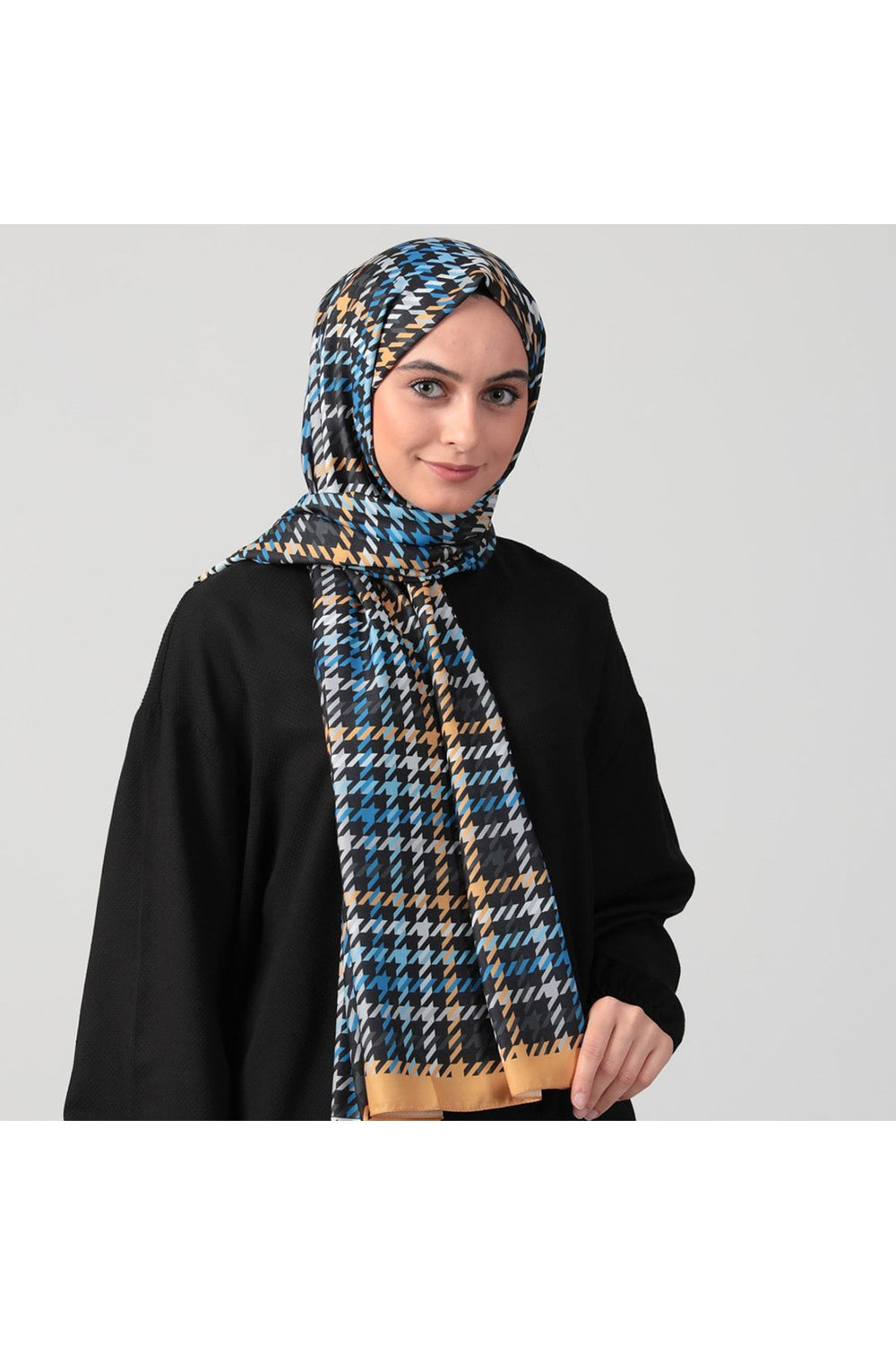 Pamuk Ipek Şal - Kazayağı Desen - Sarı Siyah