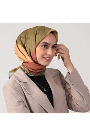 Pamuk İpek Eşarp - Asimetrik Desen - Yağ Yeşili