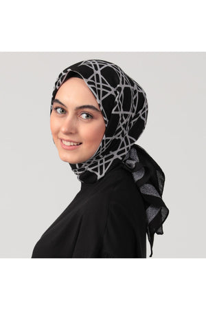 Pamuklu Bürümcük Eşarp - Asimetrik Desen - Siyah Gri