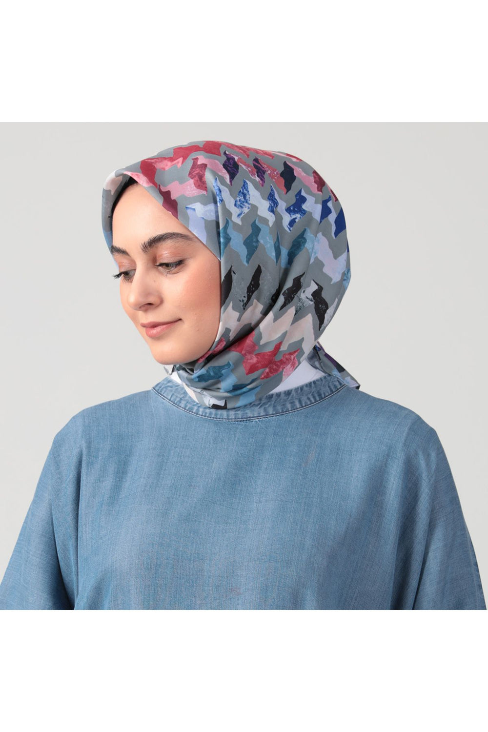 Pamuk İpek Eşarp - Zigzag Desen - Gri