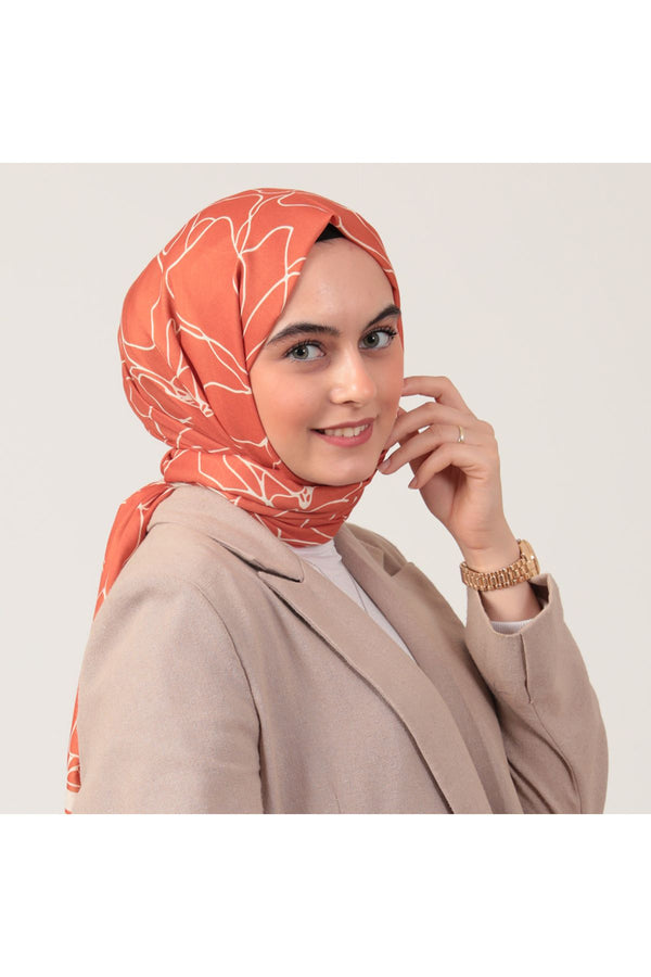 Pamuk İpek Şal - Gelincik Desen - Tarçın