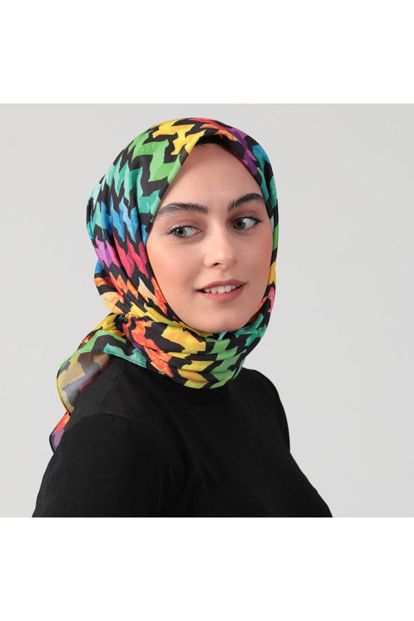 Pamuk İpek Eşarp - Zigzag Desen - Siyah