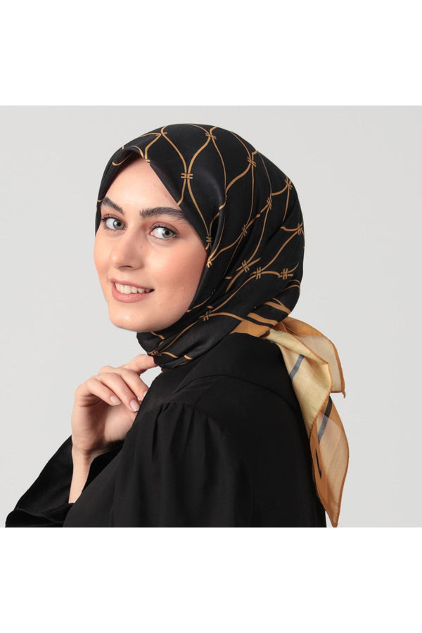 Pamuk İpek Eşarp - Geometrik Desen - Siyah Gold