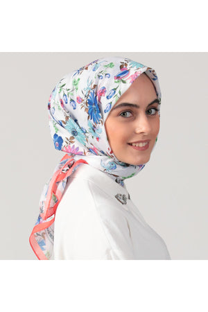 Pamuk İpek Eşarp - Hibiskus Desen - Nar Çiçeği