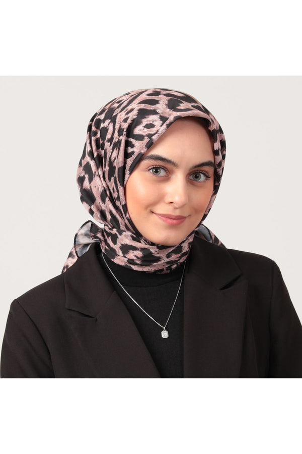 Pamuk İpek Eşarp - Büyük Leopar Desen - Gül Kurusu