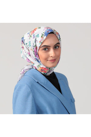 Pamuk İpek Eşarp - Hibiskus Desen - Ekru