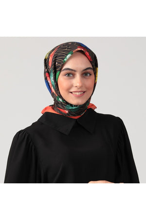 Pamuk İpek Eşarp - Bahar Bahçesi Desen - Turuncu Siyah