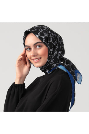 Pamuk İpek Eşarp - Yonca Desen - Siyah Saks