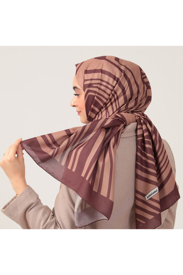 Pamuk İpek Şal - Çizgi Desen - Kahverengi