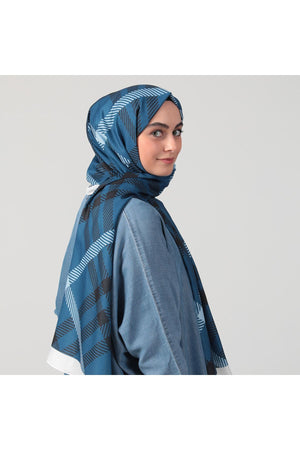 Pamuk Ipek Şal - Ekose Desen - Lacivert