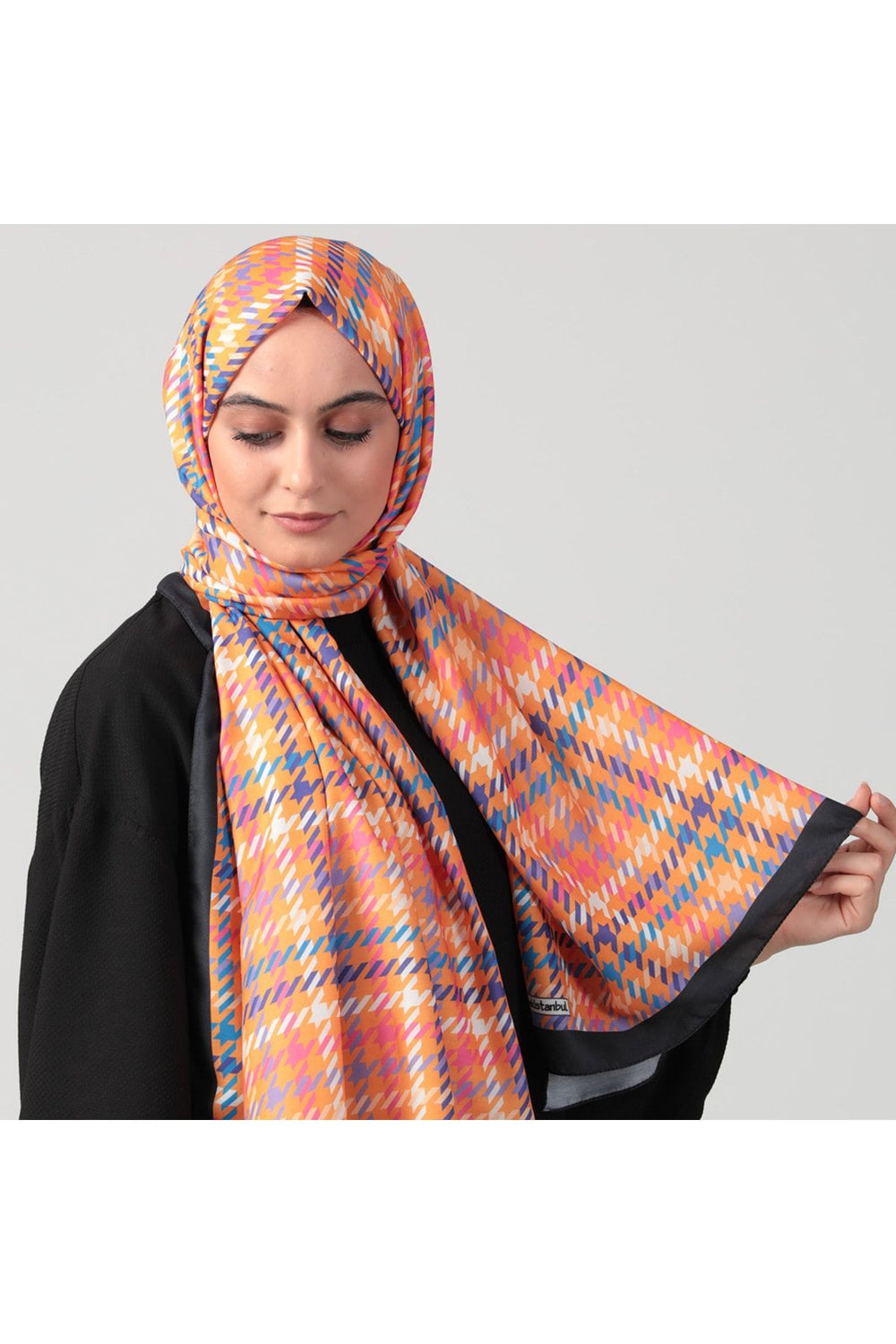 Pamuk Ipek Şal - Kazayağı Desen - Oranj