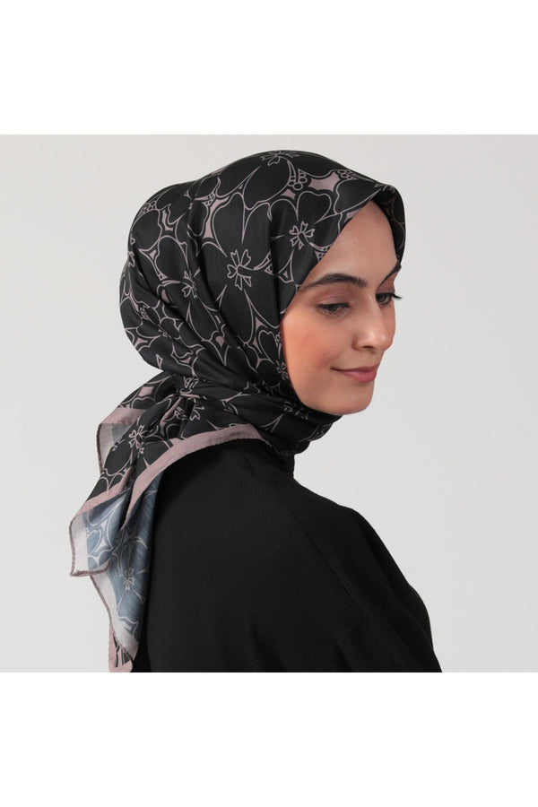 Pamuk İpek Eşarp - Yonca Desen - Siyah Vizon