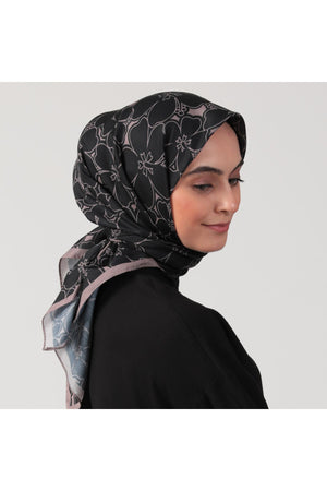 Pamuk İpek Eşarp - Yonca Desen - Siyah Vizon