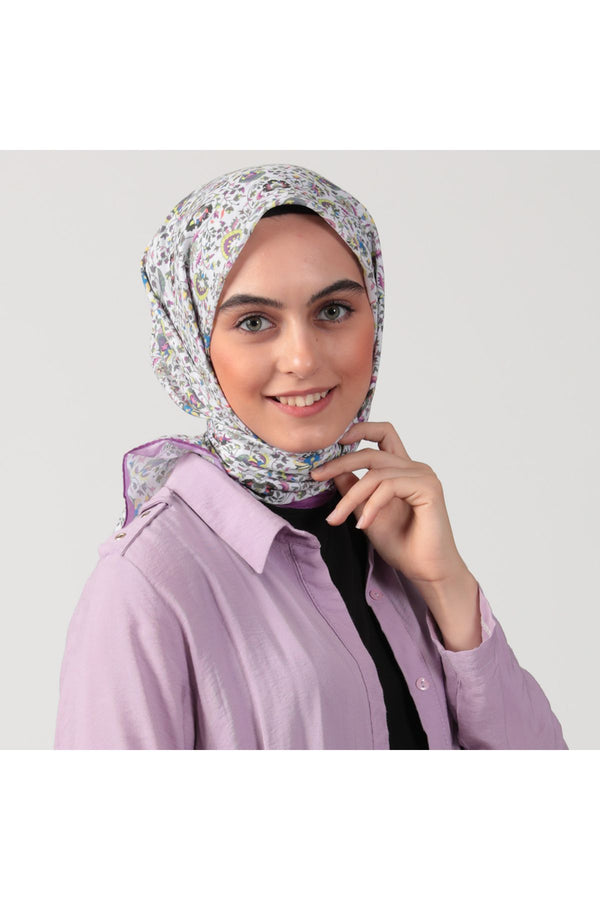 Pamuk İpek Eşarp - Çini Desen - Leylak