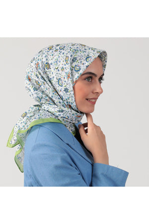 Pamuk İpek Eşarp - Çini Desen - Lime