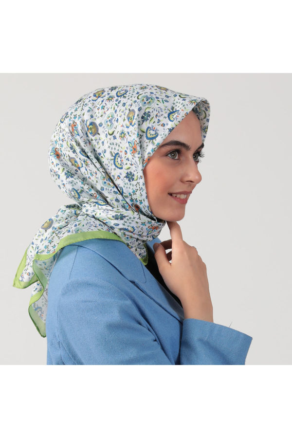 Pamuk İpek Eşarp - Çini Desen - Lime