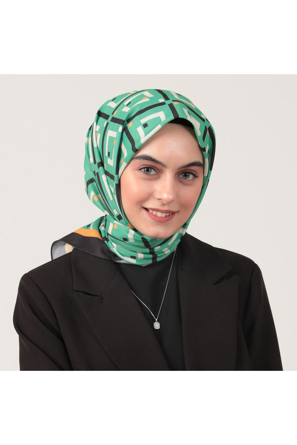 Pamuk İpek Eşarp - Baklava Desen - Benetton Yeşili