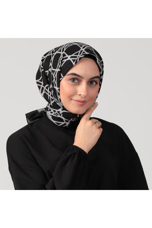 Pamuklu Bürümcük Eşarp - Asimetrik Desen - Siyah Gri