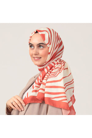 Pamuk İpek Şal - Çizgi Desen - Kiremit