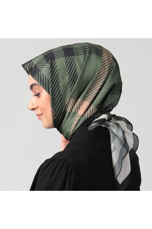 Pamuk İpek Eşarp - Ekose Desen - Haki