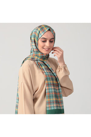 Pamuk Ipek Şal - Kazayağı Desen - Haki Yeşili