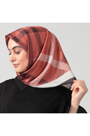 Pamuk İpek Eşarp - Ekose Desen - Kiremit