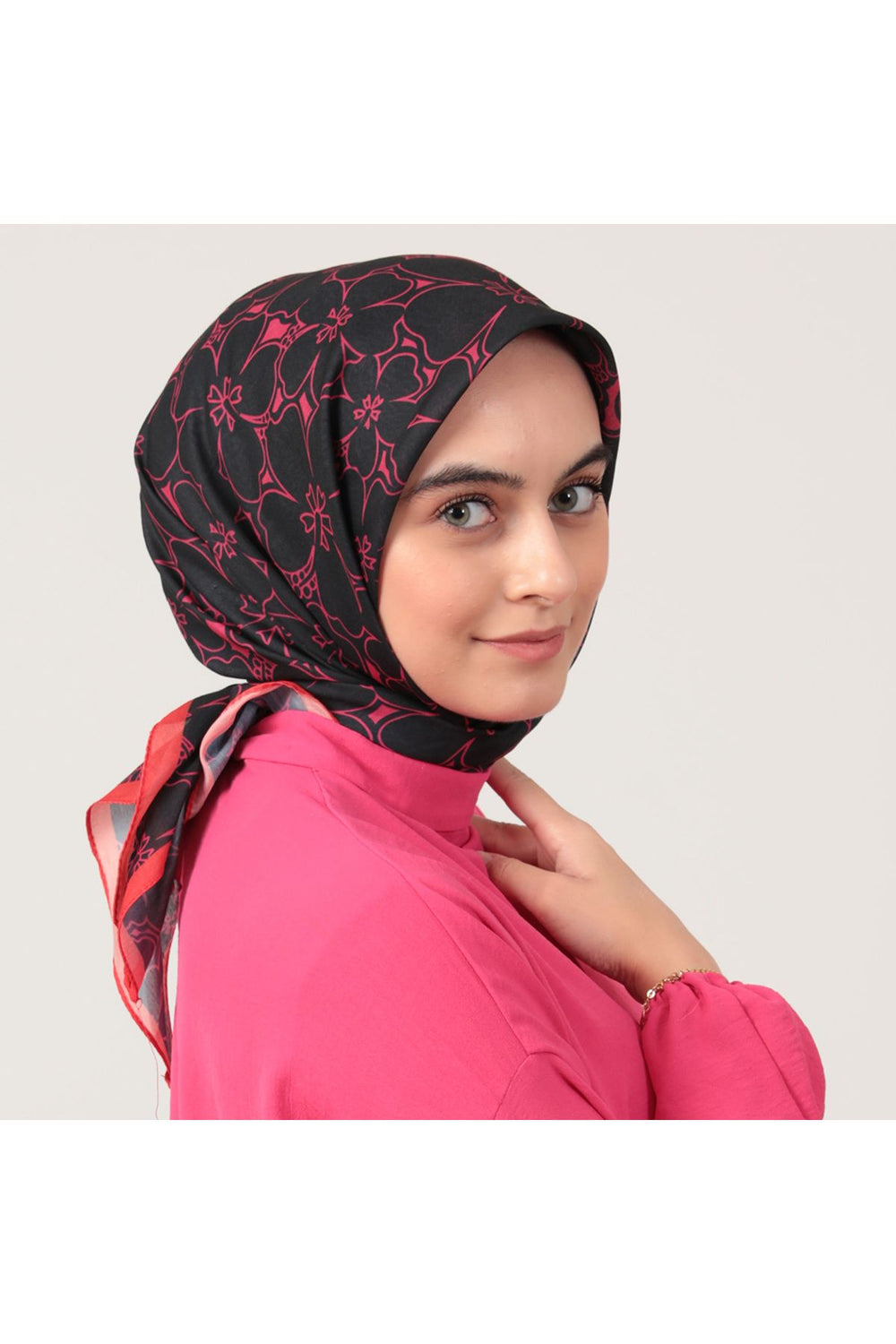 Pamuk İpek Eşarp - Yonca Desen - Siyah Fuşya