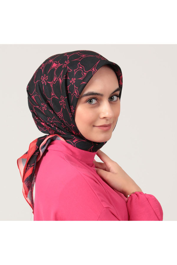 Pamuk İpek Eşarp - Yonca Desen - Siyah Fuşya