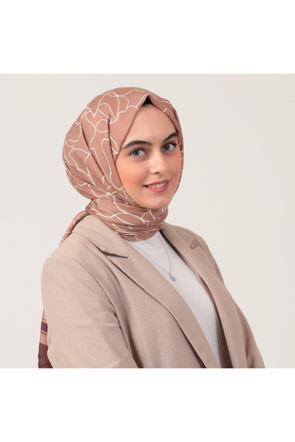 Pamuk İpek Şal - Gelincik Desen - Kahverengi