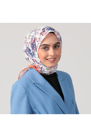 Pamuk İpek Eşarp - Hibiskus Desen - Oranj