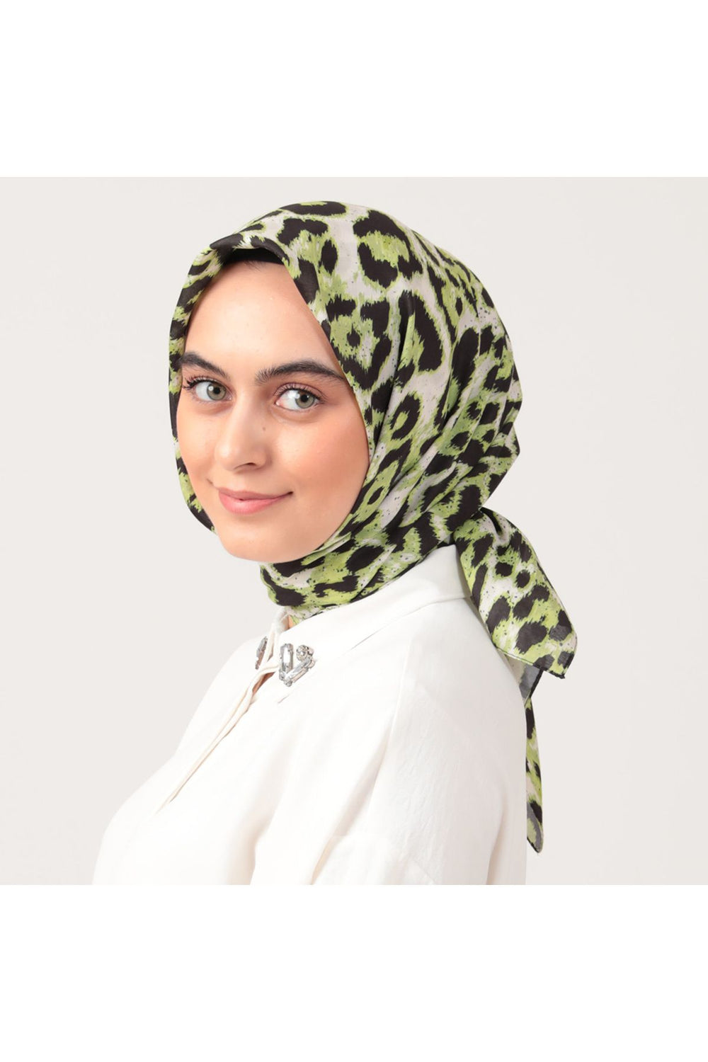 Pamuk İpek Eşarp - Büyük Leopar Desen - Neon Yeşili