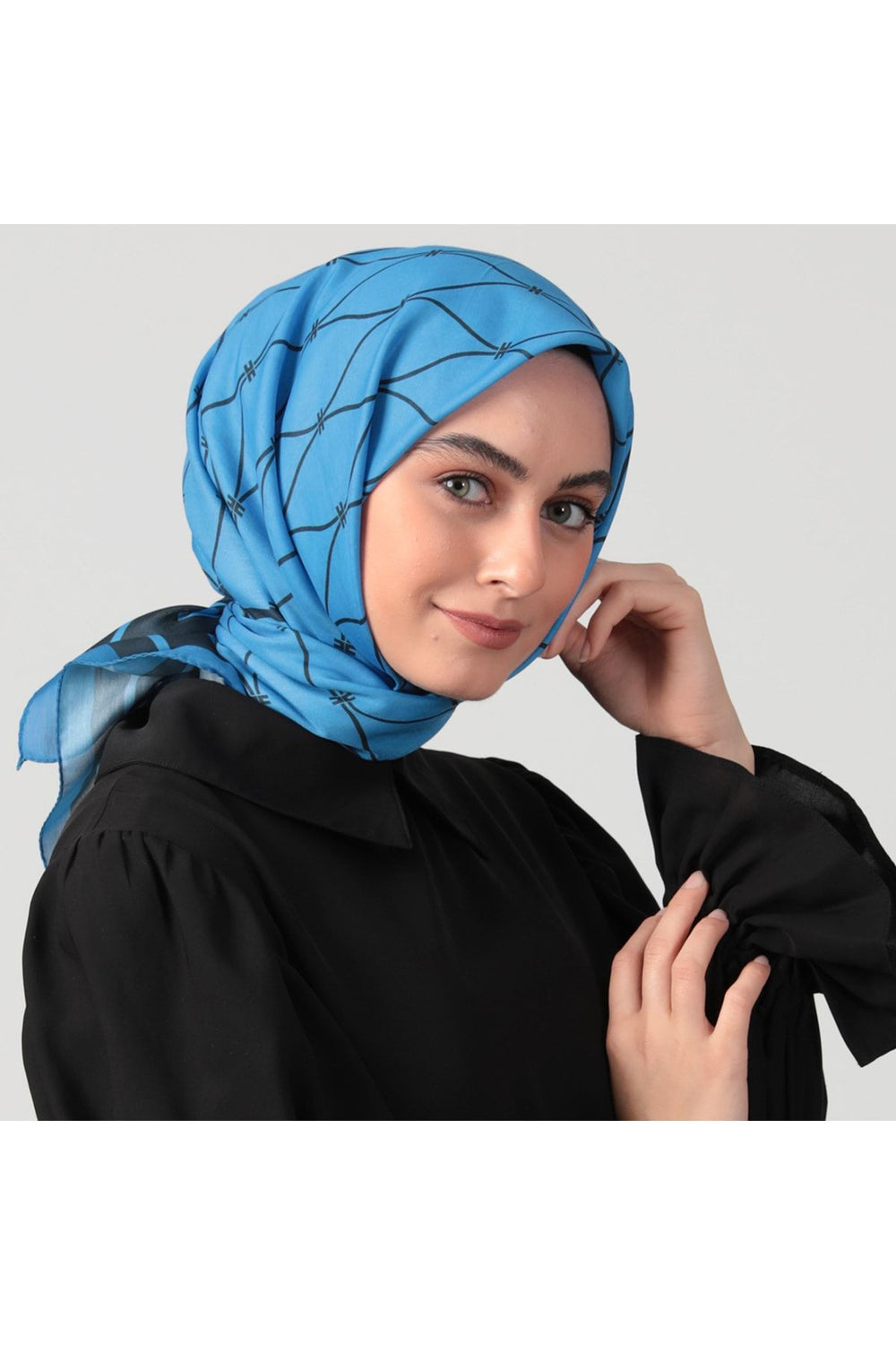 Pamuk Ipek Eşarp - Dalga Desen - Indigo