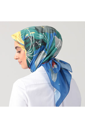 Pamuk İpek Eşarp - Tropik Desen - İndigo