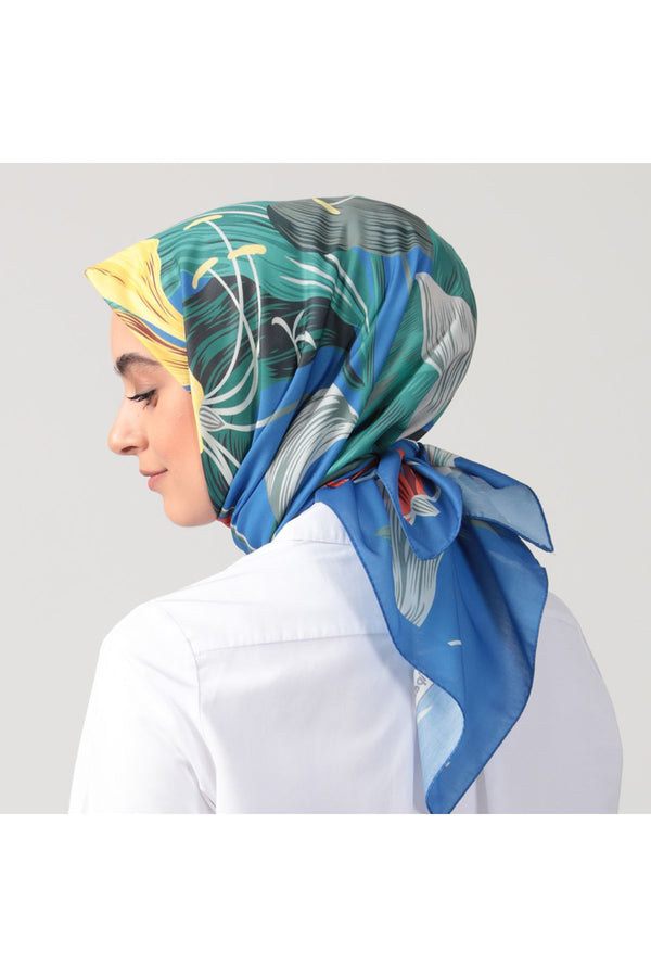 Pamuk İpek Eşarp - Tropik Desen - İndigo