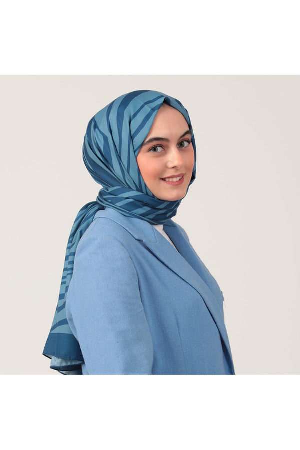 Pamuk İpek Şal - Çizgi Desen - İndigo