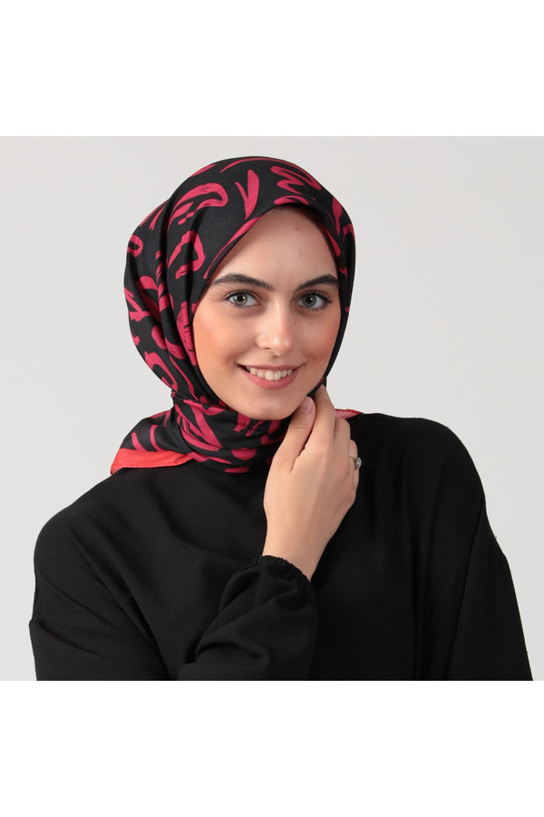 Pamuk İpek Eşarp - Akşam Sefası Desen - Siyah Fuşya