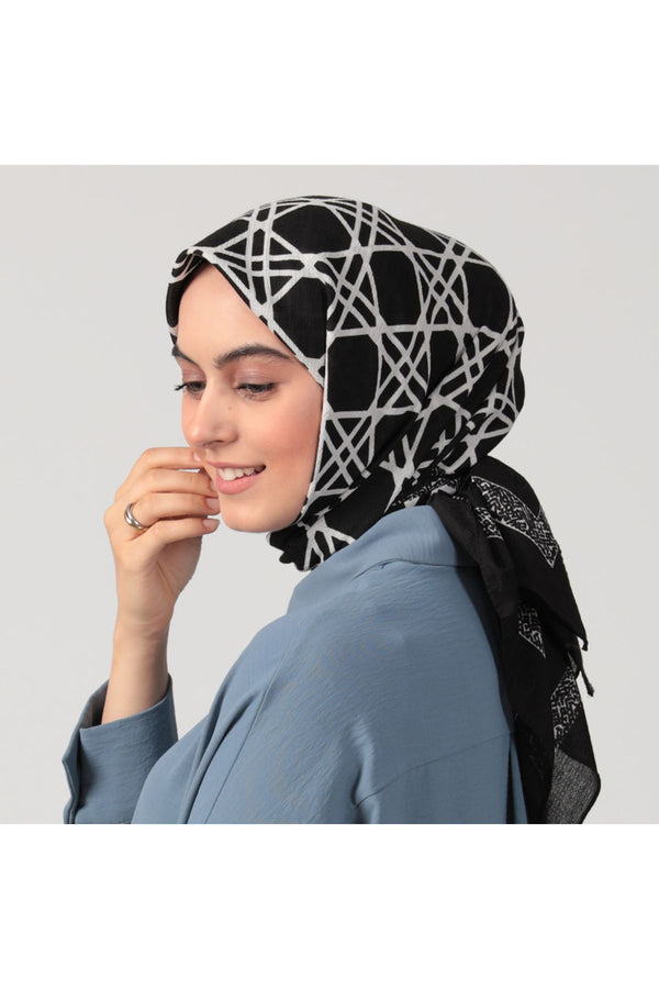 Pamuklu Bürümcük Eşarp - Asimetrik Desen - Siyah